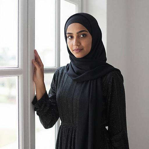 Photograph of a young Middle Eastern woman in a black hijab and intricately patterned black dress, standing by a bright window.