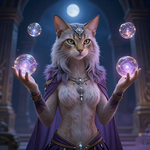 Digital artwork of a regal, anthropomorphic cat with green eyes, holding glowing, orb-like magic spheres in a mystical, moonlit temple. W