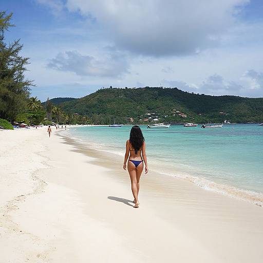 Photograph of a woman with long black hair in a blue bikini walking on a white sandy beach, turquoise water, and green hills in the background,