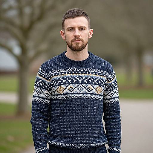 Photograph of a bearded man with short dark hair, wearing a blue and white patterned knitted sweater, standing outdoors in a blurred park setting