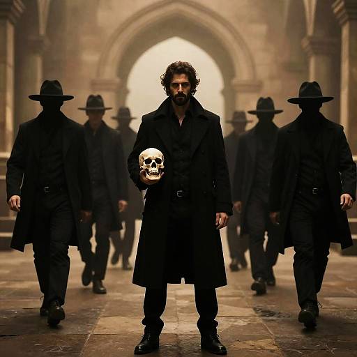 Mysterious Man with Skull in Courtyard