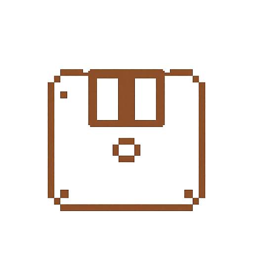 Pixel art of a white square with brown outline, featuring a small brown rectangular window and a brown square door.