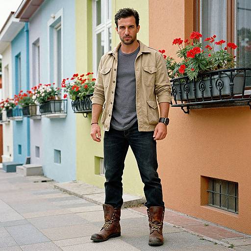 Photograph of a handsome man with short dark hair, beard, wearing a beige jacket, gray shirt, black jeans, brown boots, standing on a
