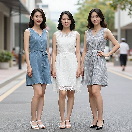 Photograph of three Asian women standing on a city street, wearing sleeveless dresses in denim, white lace, and gray checkered patterns, with white