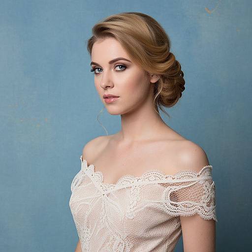 Photograph of a fair-skinned woman with blonde updo, wearing an off-shoulder white lace top, against a blue textured background.