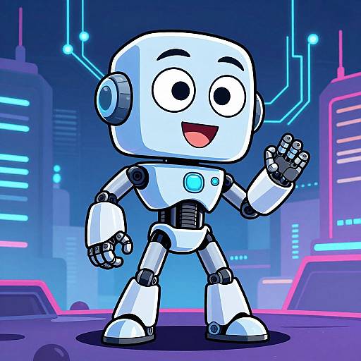 Cartoon-style digital drawing of a white, cube-shaped robot with large eyes, a smiling mouth, and waving hand, set against a neon-lit