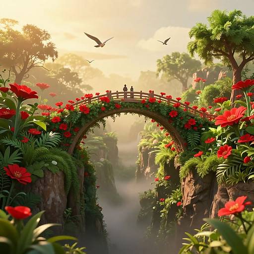 Whimsical digital painting of a lush, sunlit forest archway adorned with vibrant red flowers, two small figures on the bridge, birds flying above