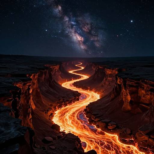 Photograph of a glowing, fiery river winding through dark, rocky canyon under a star-filled, Milky Way-streaked night sky.