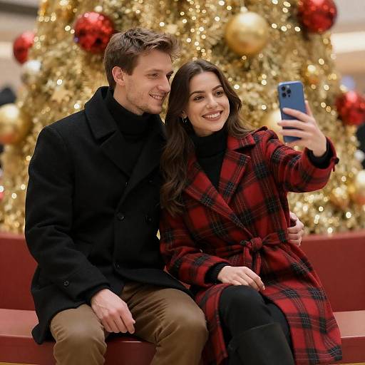 Winter Couple Selfie with Festive Backdrop