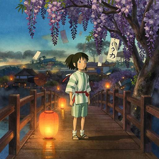 Spirited Away-inspired Boy on Wisteria Bridge at Twilight