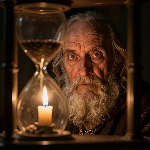 Photograph of an elderly man with a long white beard, intense expression, illuminated by a candle and hourglass in a dimly lit setting.