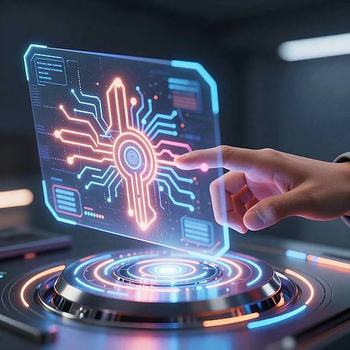Photograph of a hand pointing at a glowing, neon blue and pink circuit diagram hologram above a futuristic, circular, illuminated control pad.