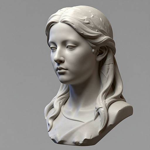 Photorealistic digital rendering of a white marble bust of a serene, young woman with long, wavy hair and a simple headscarf.