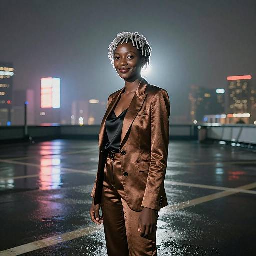 Elegant Woman on Neon City Rooftop at Night