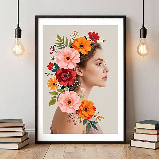 Photograph of a framed floral portrait of a woman with a colorful flower crown, hanging between two exposed bulb lights.