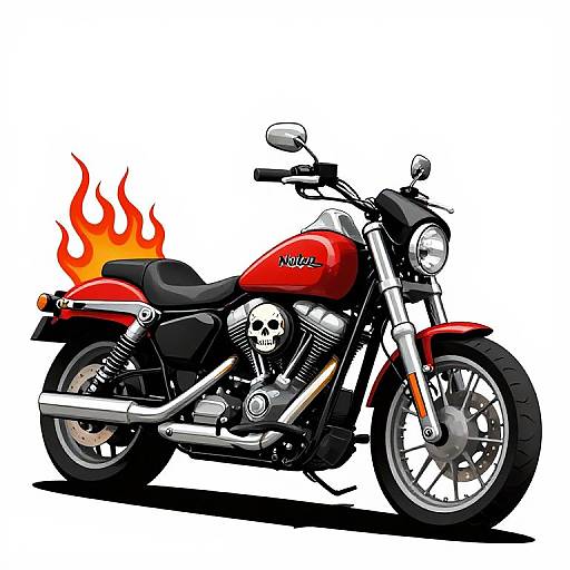 Digital illustration of a red motorcycle with flames on the rear, skull emblem on the engine, 