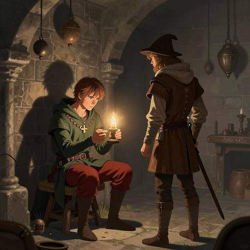 Medieval Figures in a Dimly Lit Room