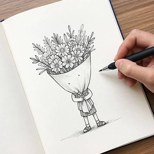 Black ink drawing of a person holding a bouquet, sketched in an open notebook, with a hand using a pen.