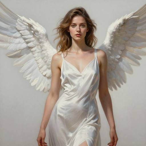 Photograph of a beautiful woman with long brown hair, wearing a white satin dress and large white angel wings, standing against a plain white background.