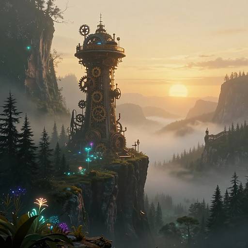 Fantasy CGI image of a steampunk tower with gears, glowing lights, and intricate designs, perched on a cliff at sunset, surrounded by