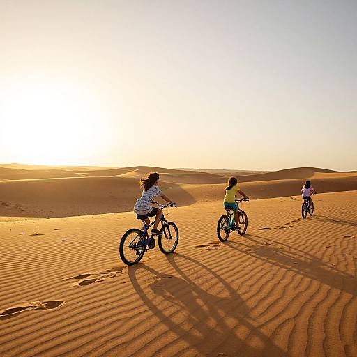Photograph of four children biking on golden desert dunes at sunset, casting long shadows on rippled sand under a bright, clear sky.
