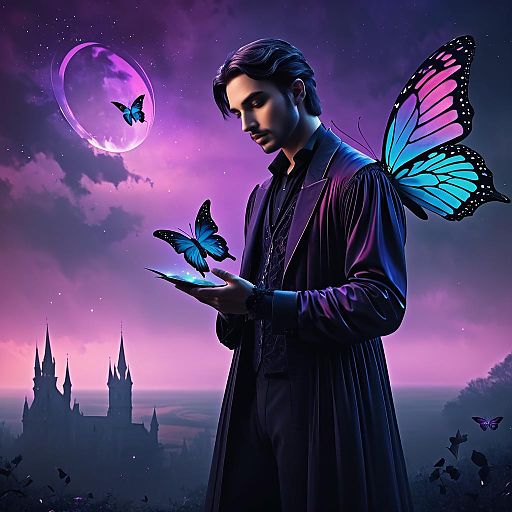 Gothic Man and Butterfly in Ethereal Sky Gothic Man and Butterfly in Ethereal Sky
