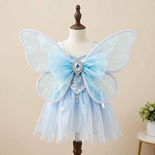 Photograph of a light blue, fairy-themed dress with translucent wings and rhinestone details, displayed on a white dress form against a beige background.