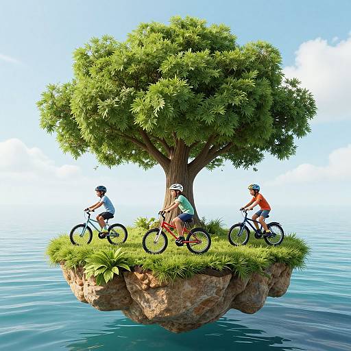 Three cyclists on a floating island with a large tree, surrounded by calm blue water and clear sky. Digital art style.