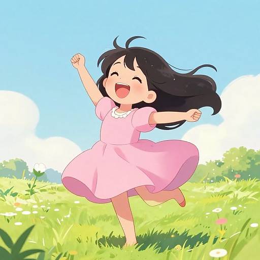 Anime-style digital drawing of a joyful, black-haired girl in a pink dress, running and laughing in a bright, sunny meadow.