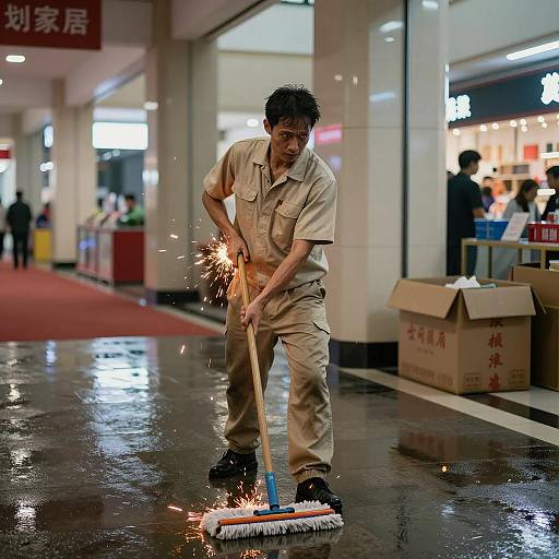 Mysterious Janitor in a Dim Mall
