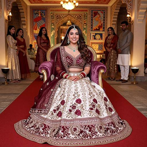 Indian bride in elaborate, maroon and white embroidered lehenga, seated on purple velvet chair, ornate room with red carpet, traditional attire, and
