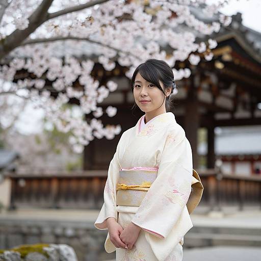 Photograph of an Asian woman in a white kimono with pink trim and yellow obi, standing under cherry blossoms in front of a traditional wooden
