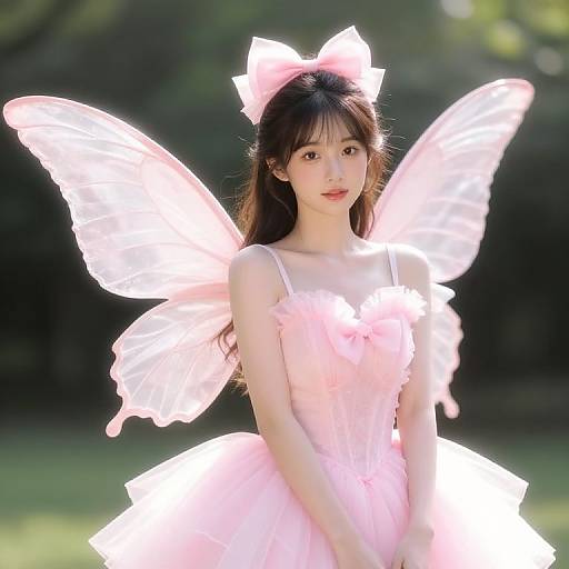 Photograph of an Asian woman with long brown hair, wearing a pink fairy dress and glowing butterfly wings, standing in a sunlit, green forest background