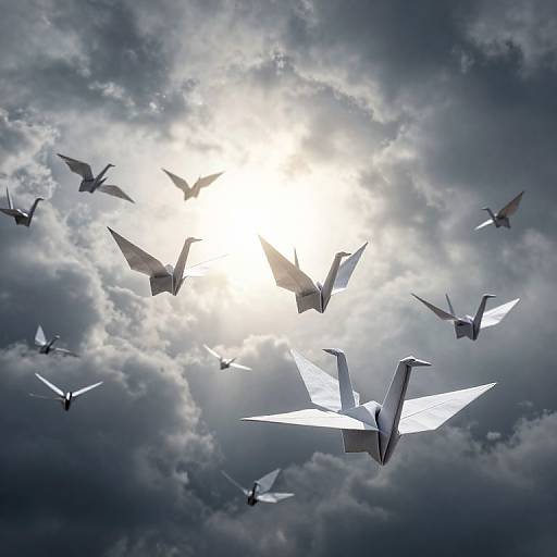 Origami Cranes Soaring Through Storm