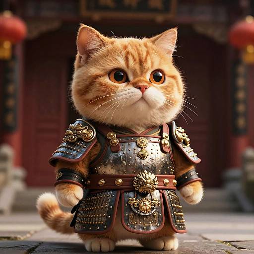 Photorealistic CGI of an adorable orange tabby kitten wearing detailed, ornate medieval armor, standing on a stone path in front of a traditional Asian