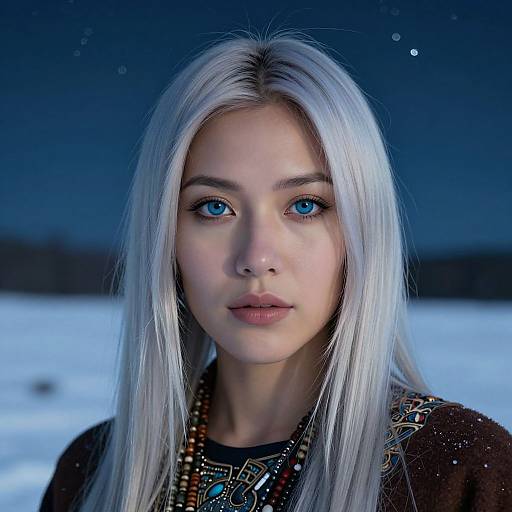 Photograph of a young woman with long, straight, platinum blonde hair, blue eyes, and fair skin, wearing a detailed necklace, in a snowy