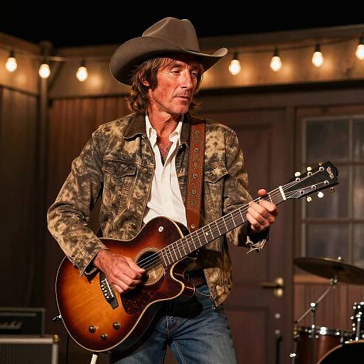Photograph of a middle-aged man with long brown hair, wearing a cowboy hat, camouflage jacket, and white shirt, passionately playing a sunburst acoustic
