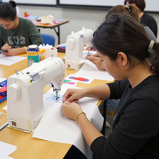 Photograph of an Asian woman with black hair in a ponytail, sewing on a white sewing machine at a table, surrounded by other people and sewing