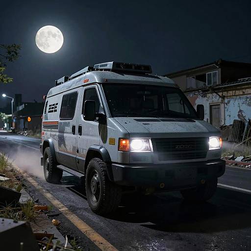 Photograph of a white, dusty emergency van with flashing lights, driving at night under a bright full moon, on a dimly lit, deserted street