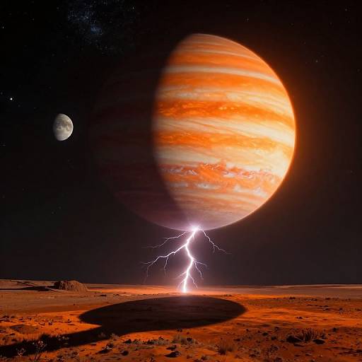 Photorealistic digital art: massive orange planet with swirling rings, moon to the left, bright lightning bolt striking desert landscape below.