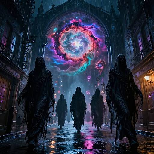 Digital artwork: Four shadowy, hooded figures walk towards a glowing, colorful, cosmic portal in a rainy, Gothic-style cathedral. Neon lights reflect