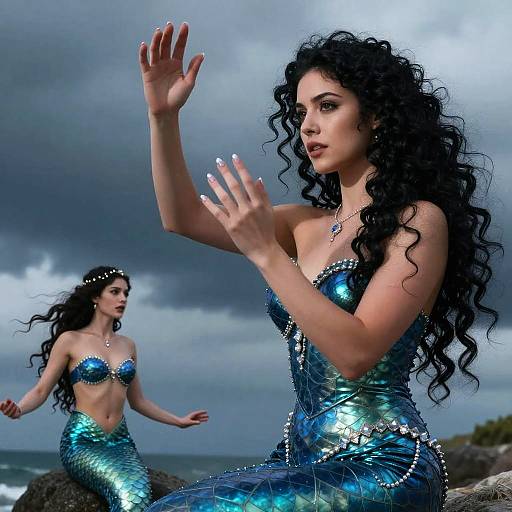Photograph-style CGI of two mermaids with long, curly black hair, blue-green sequined tails, and matching tops, against a stormy ocean