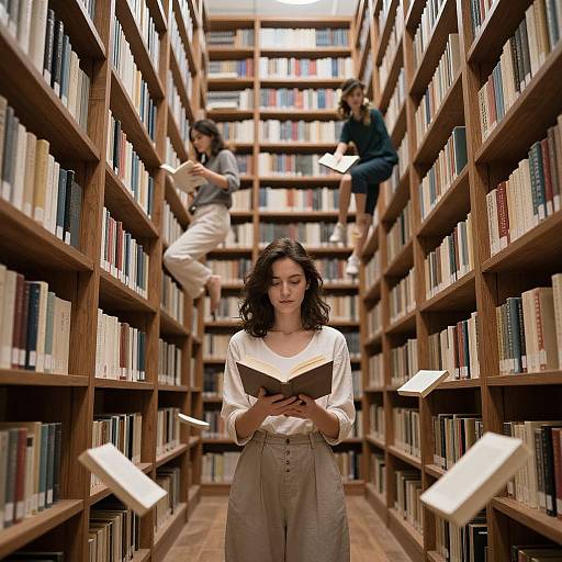 Photograph of a library with wooden shelves, three women, and books floating in the air; central woman reads intently.