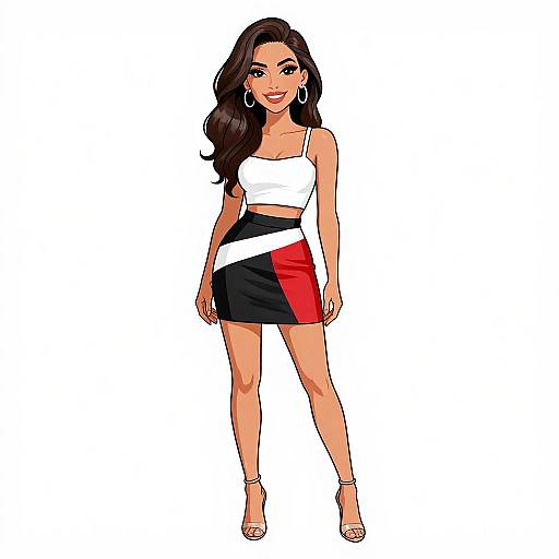Digital illustration of a smiling woman with long brown hair, wearing a white and black one-shoulder crop top, black and red mini skirt, and