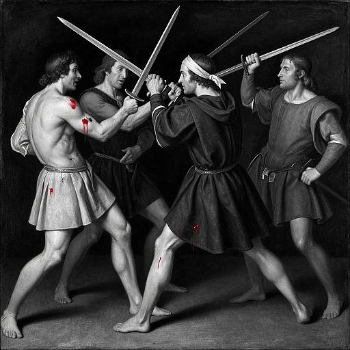 Photorealistic painting of four muscular men in medieval attire, holding swords, engaged in a fierce battle with bloodstains on their skin. Dark,