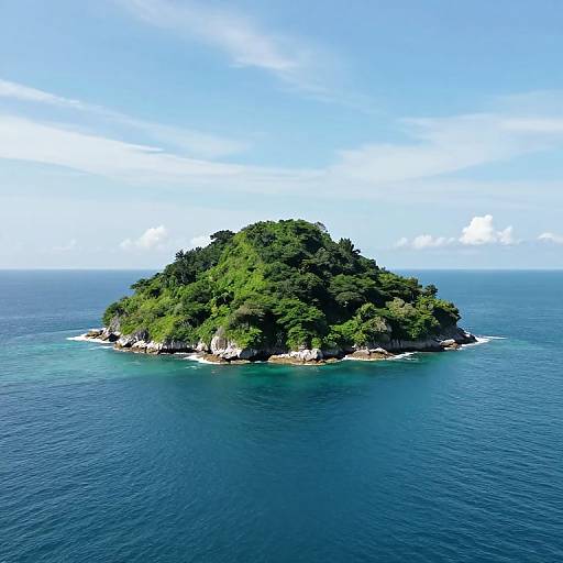 Photograph of a small, lush green island with dense trees, surrounded by calm, deep blue ocean under a bright, clear sky.