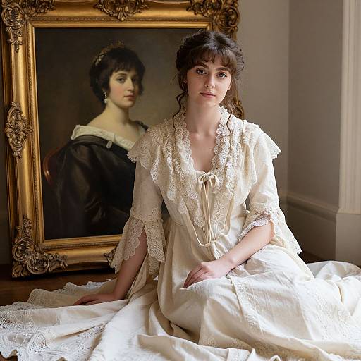 Photograph of a young woman with pale skin and dark hair, wearing a white lace Victorian dress, sitting in front of a framed classic portrait painting.