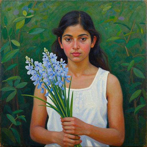Painting of a young girl with long black hair, wearing a white sleeveless dress, holding blue flowers, against a green leafy background.