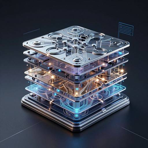 Digital rendering of a glowing, neon-lit, futuristic, multi-layered electronic circuit board stack, featuring intricate wiring and illuminated components against a dark background