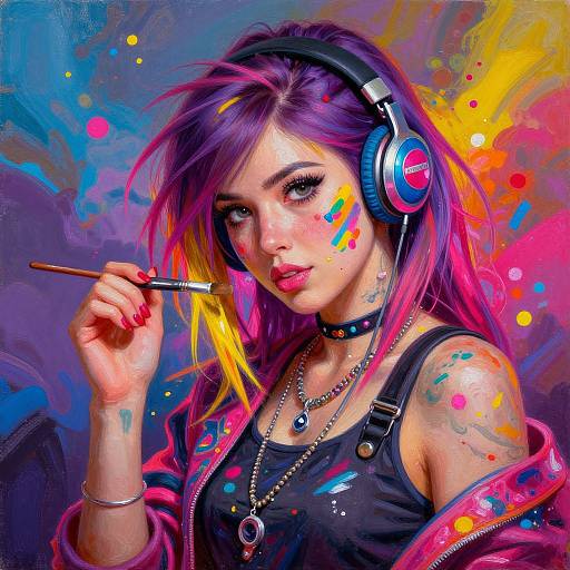 Digital art: Vibrant purple-haired woman with colorful paint splatters, wearing headphones, black tank top, choker, and layered jacket, holding a
